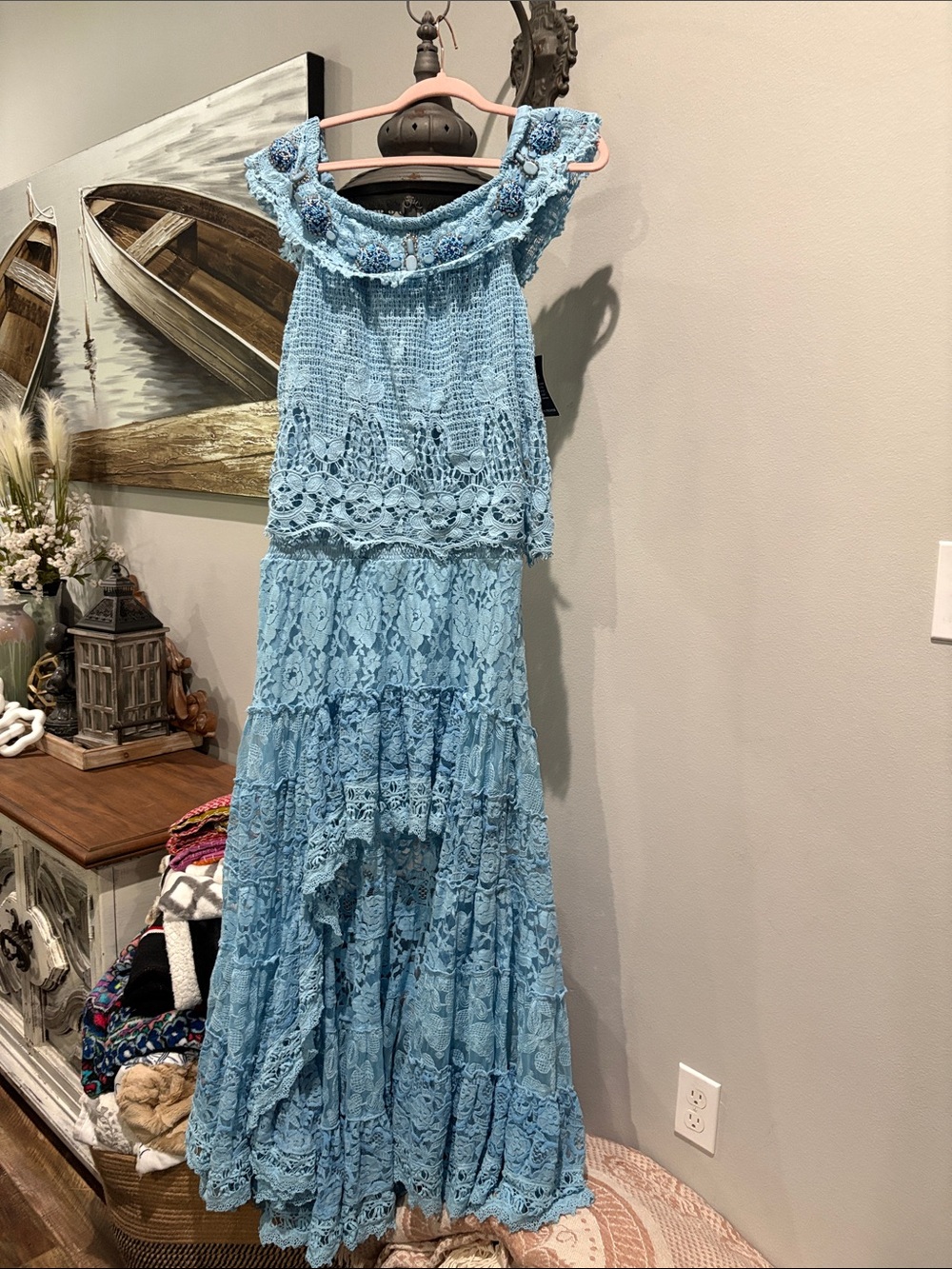 Boston Proper Sky Blue Lace High-Low Maxi Dress